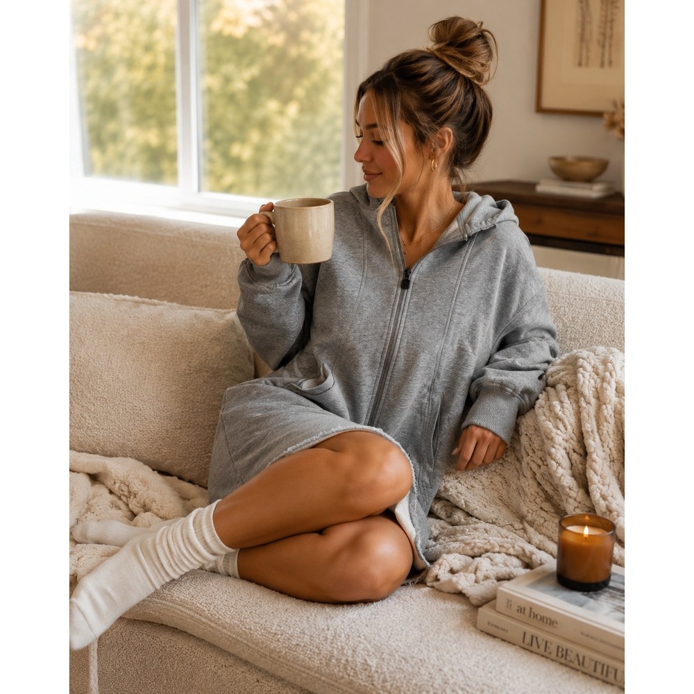 Gymshark Women Grey Marl Full Zip Oversize Hoodie Dress XS Loungewear Athleisure